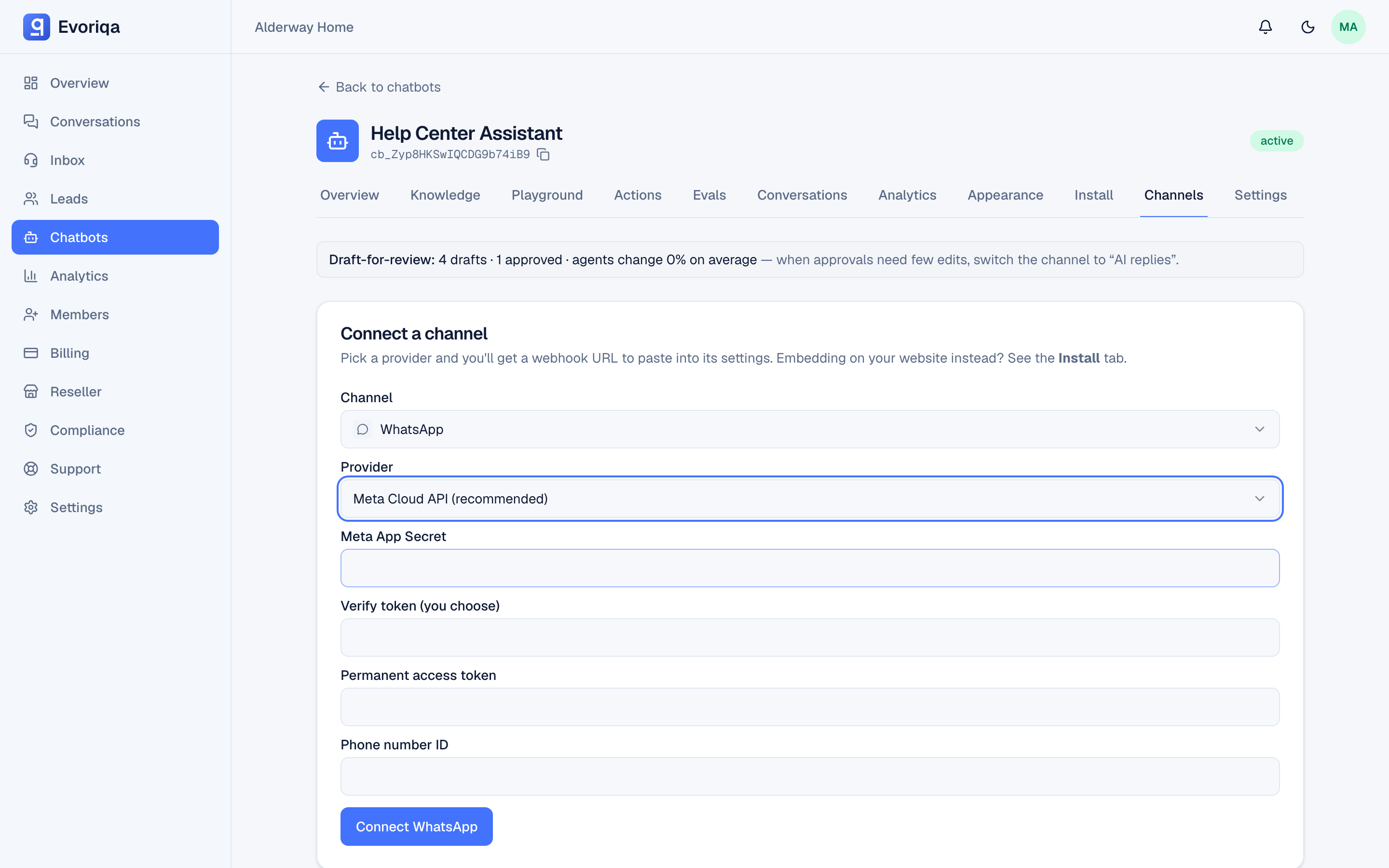 WhatsApp connected through the Meta Cloud API: app secret, verify token, permanent token, phone number ID