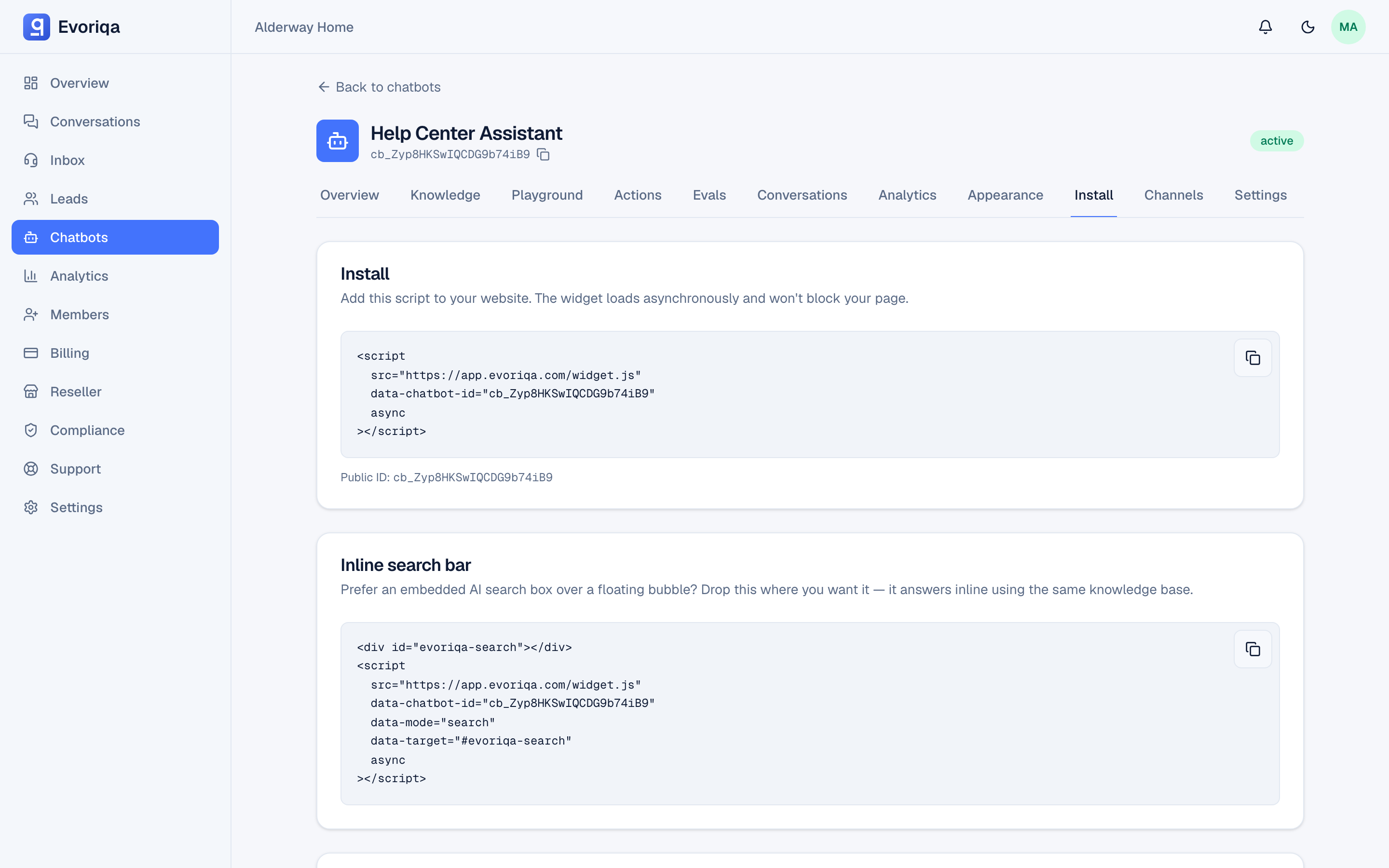 The Install tab, which generates the snippet with this chatbot's public id