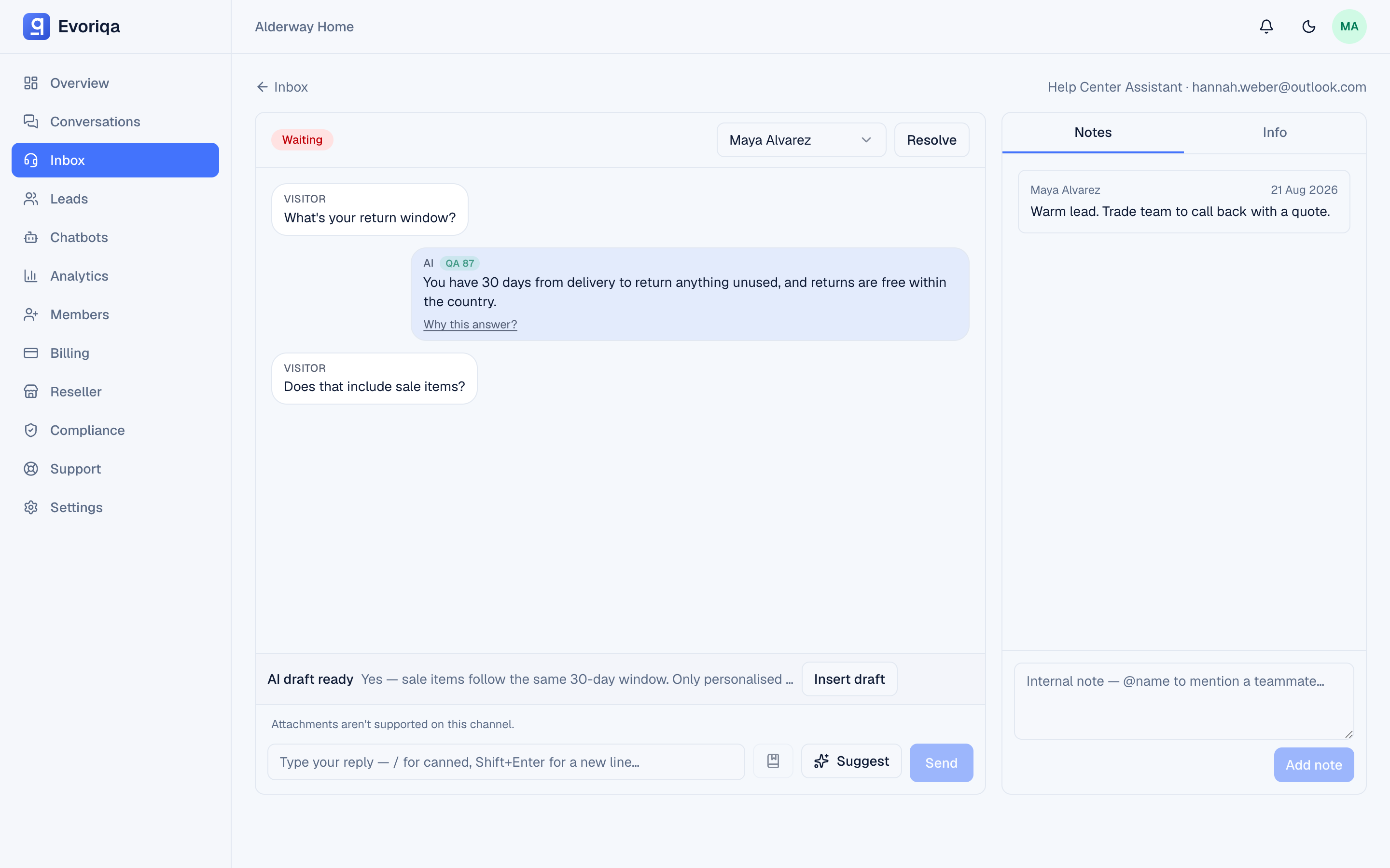 A conversation open in the inbox, where copilot drafts into the composer