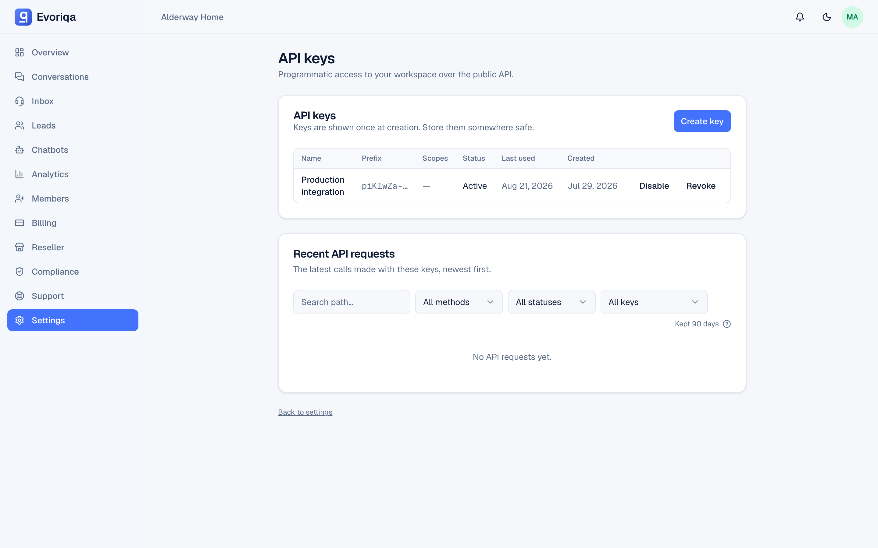 Settings → API keys, where a key is issued and revoked
