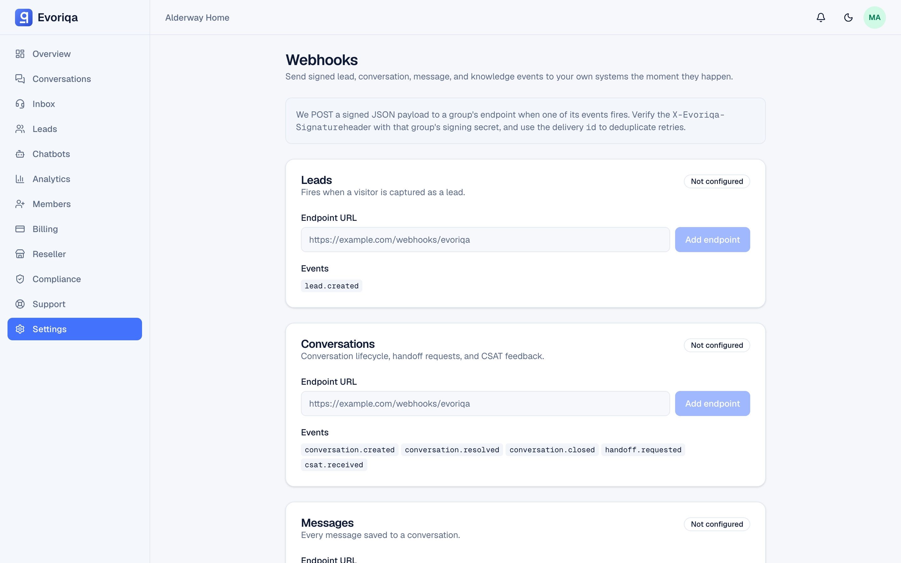 Settings → Webhooks: endpoints, their events, and recent deliveries